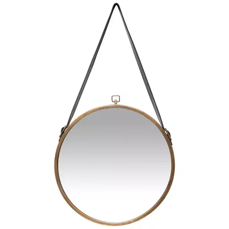 16" Farmhouse Round Hanging Wall Mirror with Frame Leather Strap Brass - Infinity Instruments