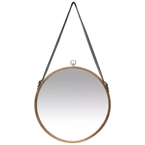 16" Farmhouse Round Hanging Wall Mirror with Frame Leather Strap Brass - Infinity Instruments