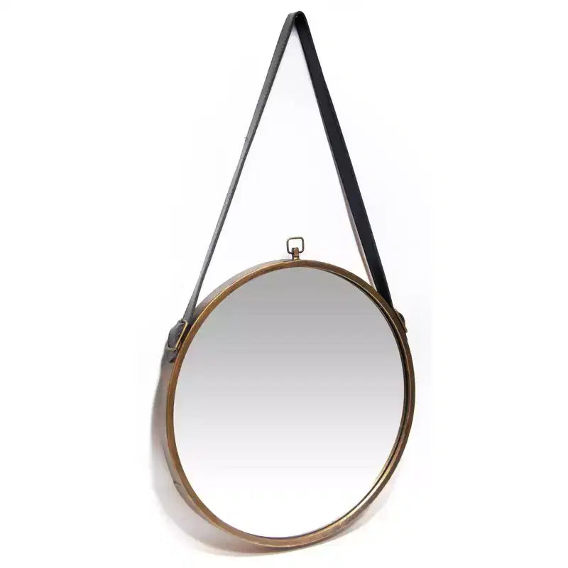 Miroir mural rond de ferme de 40 cm avec cadre en cuir et laiton