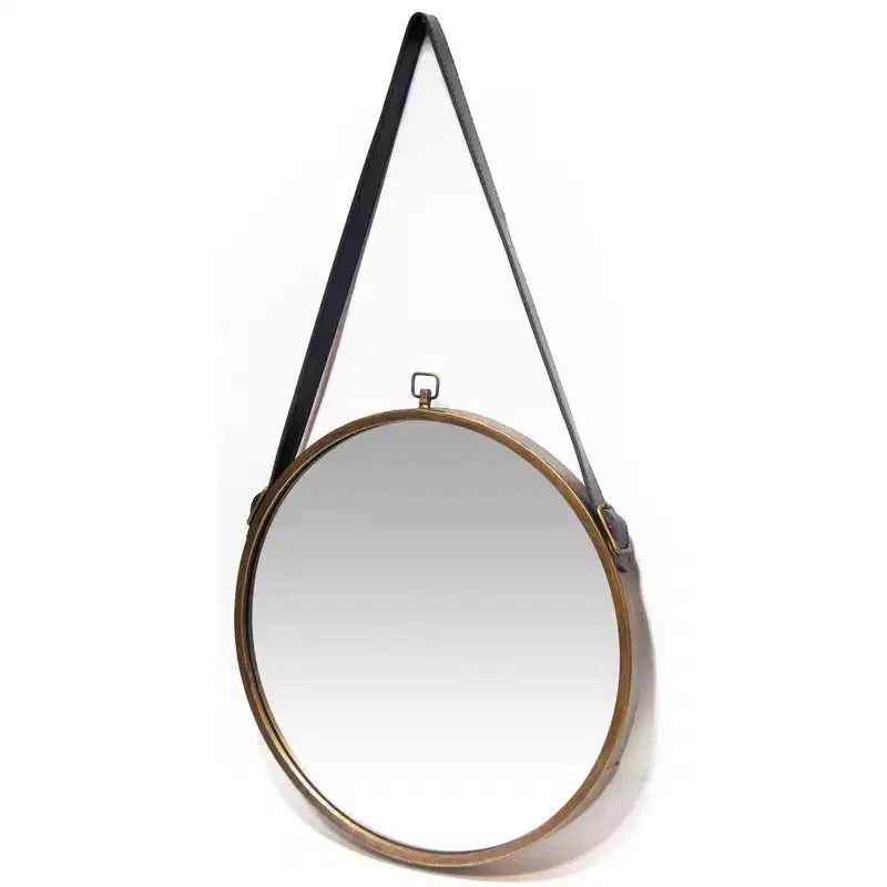 Miroir mural rond de ferme de 40 cm avec cadre en cuir et laiton