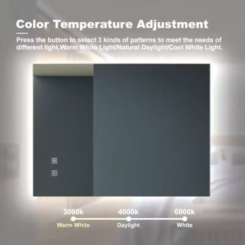 Miroir de courtoisie LED de salle de bain 36x28 pouces élégant avec lumens élevés, tactile à intensité variable, contrôle par interrupteur mural