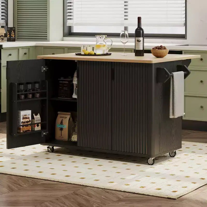 Îlot de cuisine roulant moderne 51W, chariot de rangement de cuisine sur roulettes verrouillables avec abattant, étagères de rangement, porte-serviettes, frêne blanc/frêne noir
