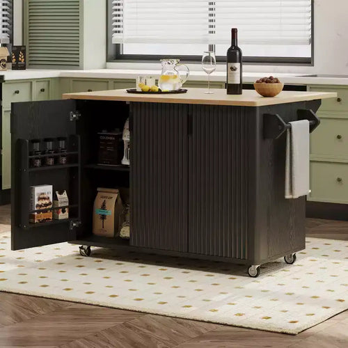 Îlot de cuisine roulant moderne 51W, chariot de rangement de cuisine sur roulettes verrouillables avec abattant, étagères de rangement, porte-serviettes, frêne blanc/frêne noir