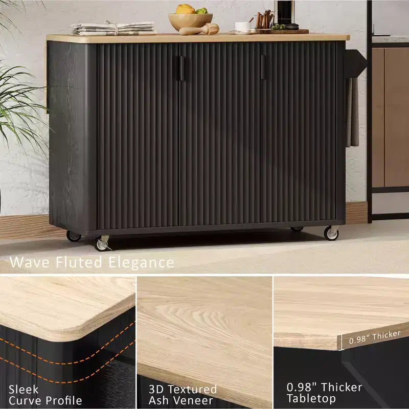 Îlot de cuisine roulant moderne 51W, chariot de rangement de cuisine sur roulettes verrouillables avec abattant, étagères de rangement, porte-serviettes, frêne blanc/frêne noir
