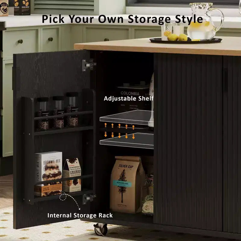 Îlot de cuisine roulant moderne 51W, chariot de rangement de cuisine sur roulettes verrouillables avec abattant, étagères de rangement, porte-serviettes, frêne blanc/frêne noir