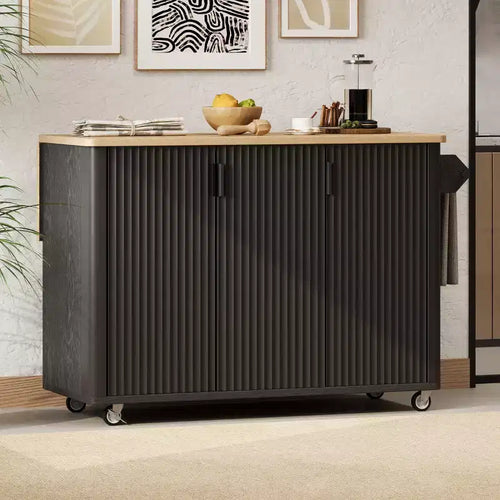 51W Modern Rolling Kitchen Island Kitchen Storage Cart on Lockable Wheels with Drop Leaf, Storage Racks, Towel Rack, White Ash/Black Ash-ModernLuxe