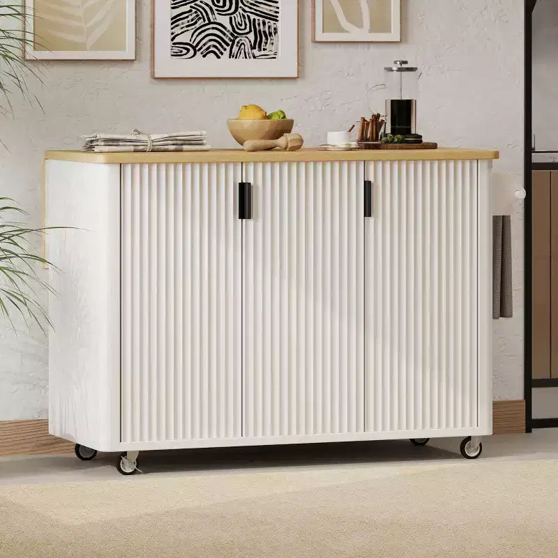 Îlot de cuisine roulant moderne 51W, chariot de rangement de cuisine sur roulettes verrouillables avec abattant, étagères de rangement, porte-serviettes, frêne blanc/frêne noir