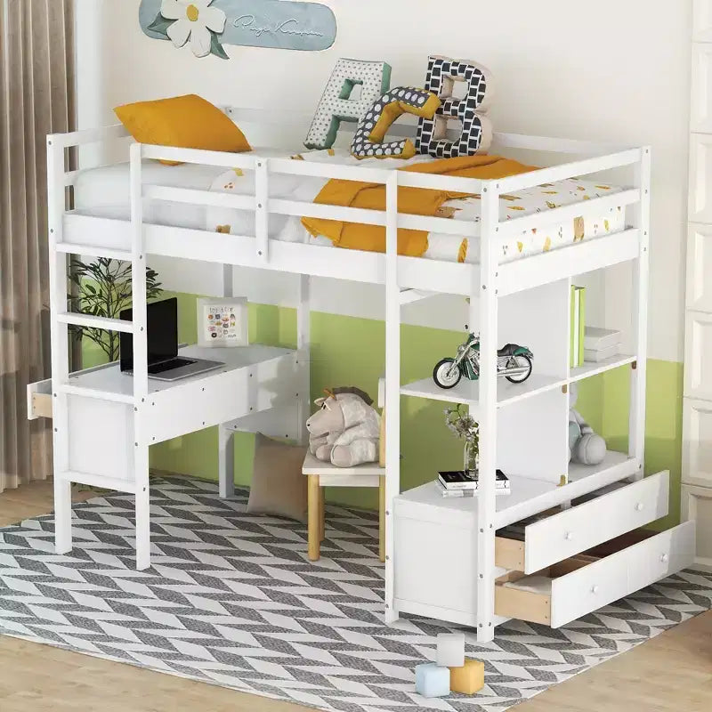 Whisen 78.20''L  57.50''W Wood Loft Bed with Built-in Desk with Two Drawers, Storage Shelves and Drawers