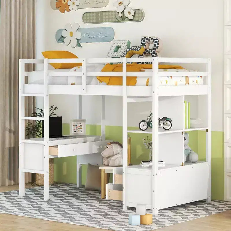 Lit mezzanine en bois avec bureau intégré, deux tiroirs, étagères de rangement et tiroirs, 78.20''L x 57.50''W