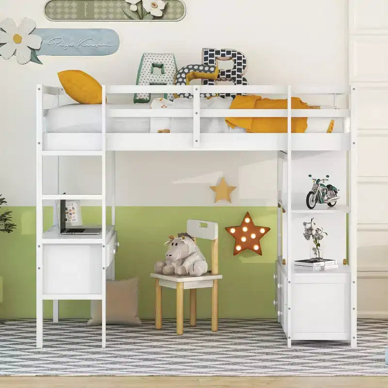 Lit mezzanine en bois avec bureau intégré, deux tiroirs, étagères de rangement et tiroirs, 78.20''L x 57.50''W