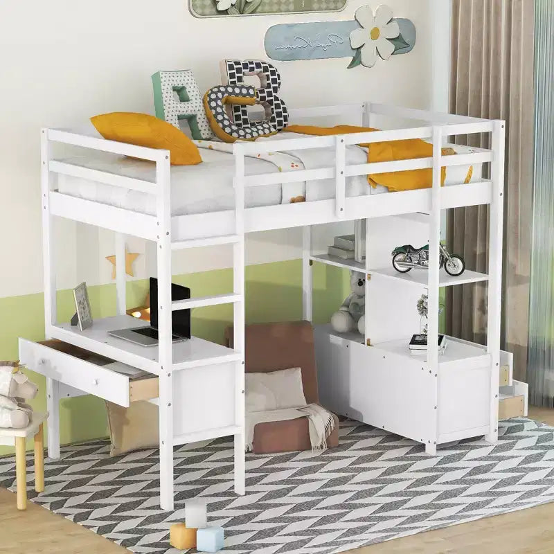 Lit mezzanine en bois avec bureau intégré, deux tiroirs, étagères de rangement et tiroirs, 78.20''L x 57.50''W