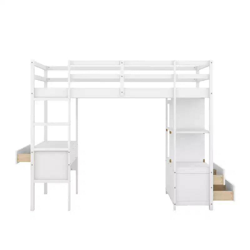 Lit mezzanine en bois avec bureau intégré, deux tiroirs, étagères de rangement et tiroirs, 78.20''L x 57.50''W