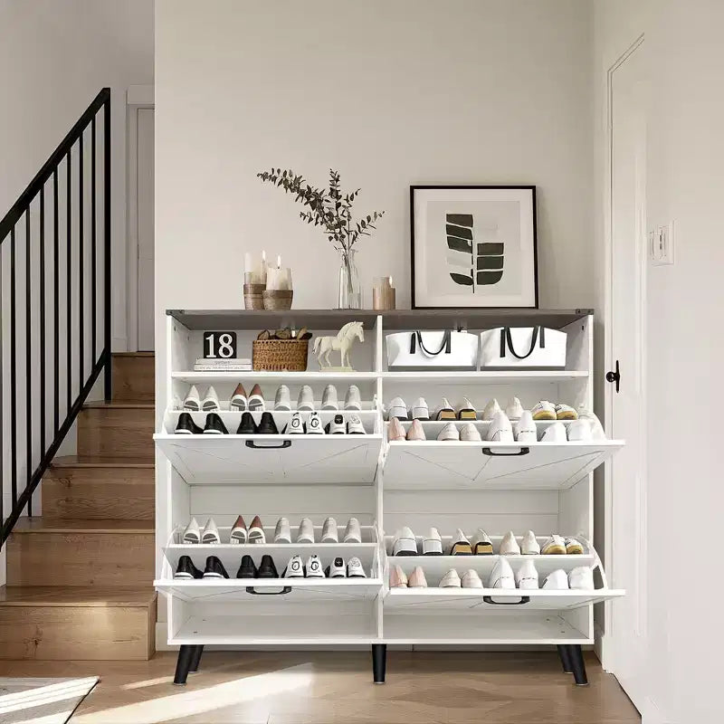 Shoe Storage, Freestanding Shoe Cabinet Storage with 4 Flip Drawers and Barn Door Design, Slim Narrow Shoe Rack Dresser, Shoe Organizer