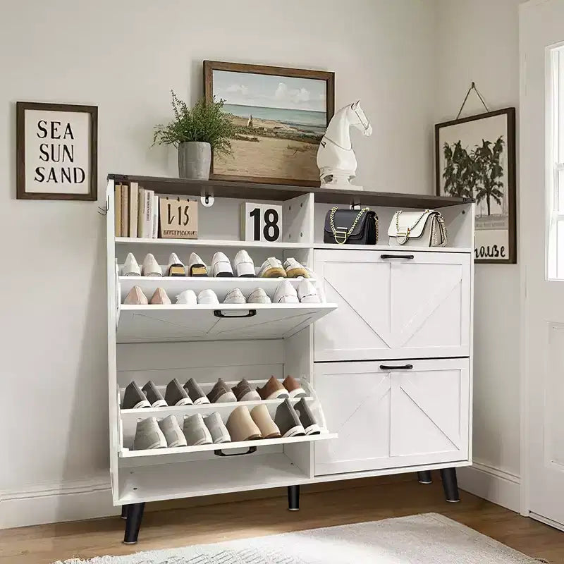 Meuble de rangement pour chaussures, meuble à chaussures autoportant avec 4 tiroirs basculants et portes coulissantes style grange, commode à chaussures fine et étroite, organiseur de chaussures