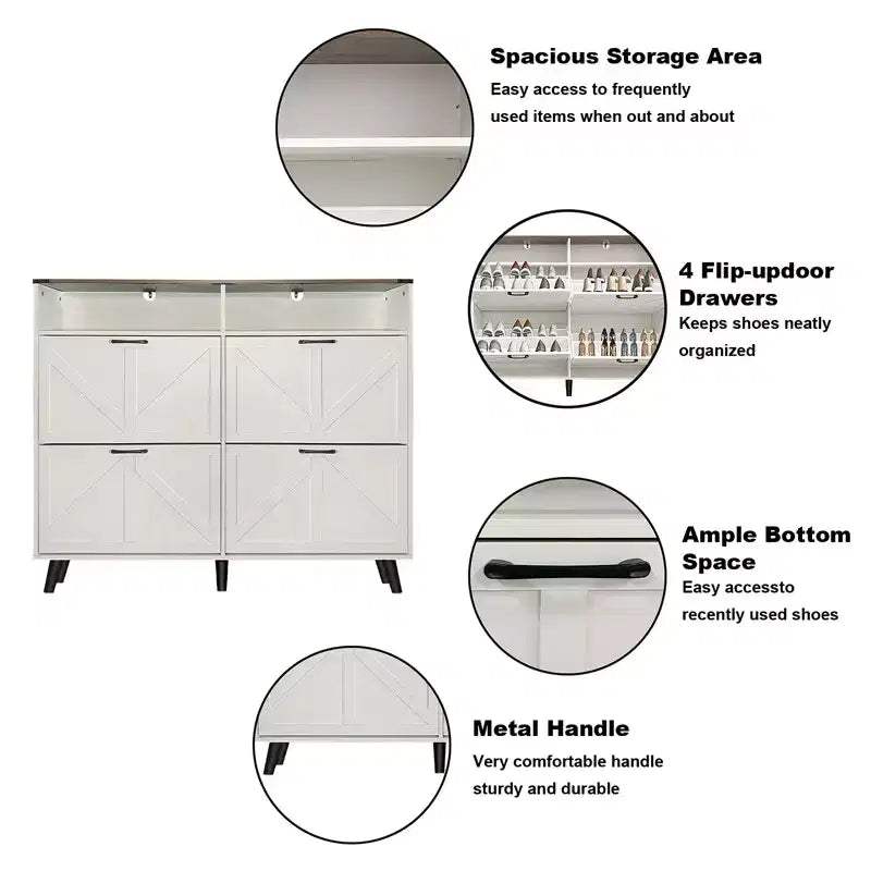 Meuble de rangement pour chaussures, meuble à chaussures autoportant avec 4 tiroirs basculants et portes coulissantes style grange, commode à chaussures fine et étroite, organiseur de chaussures