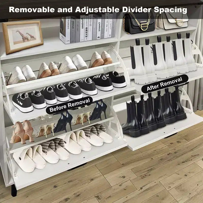 Meuble de rangement pour chaussures, meuble à chaussures autoportant avec 4 tiroirs basculants et portes coulissantes style grange, commode à chaussures fine et étroite, organiseur de chaussures