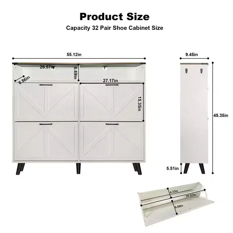Meuble de rangement pour chaussures, meuble à chaussures autoportant avec 4 tiroirs basculants et portes coulissantes style grange, commode à chaussures fine et étroite, organiseur de chaussures