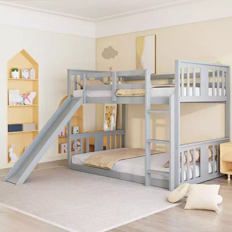 Bellemave Montessori Floor Bunk BedKids Bunk Beds with Guardrail Headboard and Footboard, Low Bunk Beds for Kids, Boys and Girls,Gray