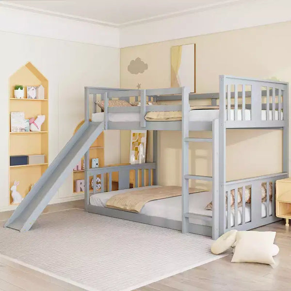 Bellemave Montessori Floor Bunk BedKids Bunk Beds with Guardrail Headboard and Footboard, Low Bunk Beds for Kids, Boys and Girls,Gray