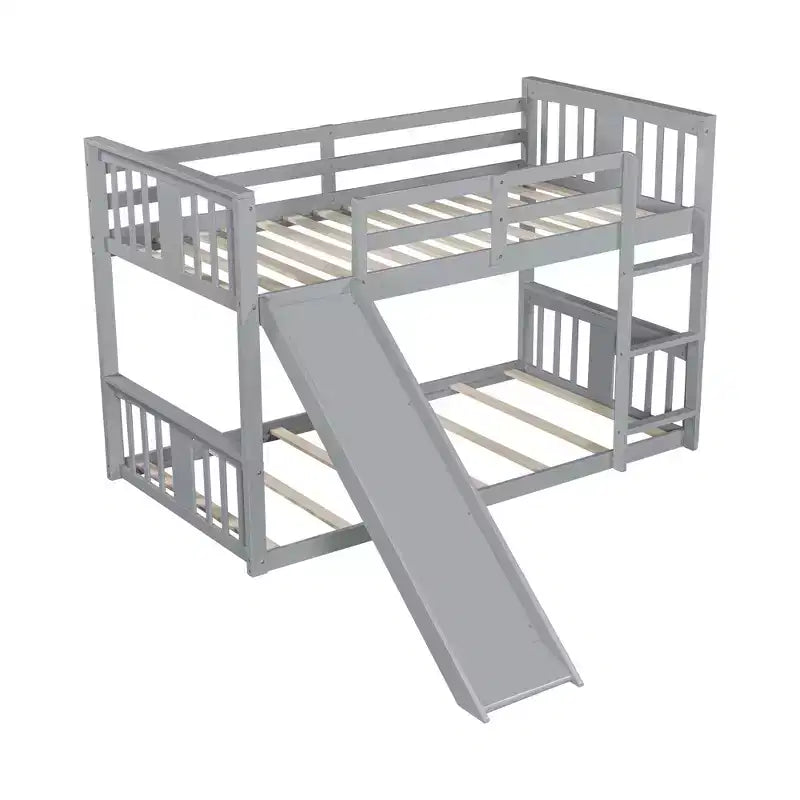 Lit superposé au solLits superposés pour enfants avec garde-corps, tête de lit et pied de lit, lits superposés bas pour enfants, garçons et filles, gris