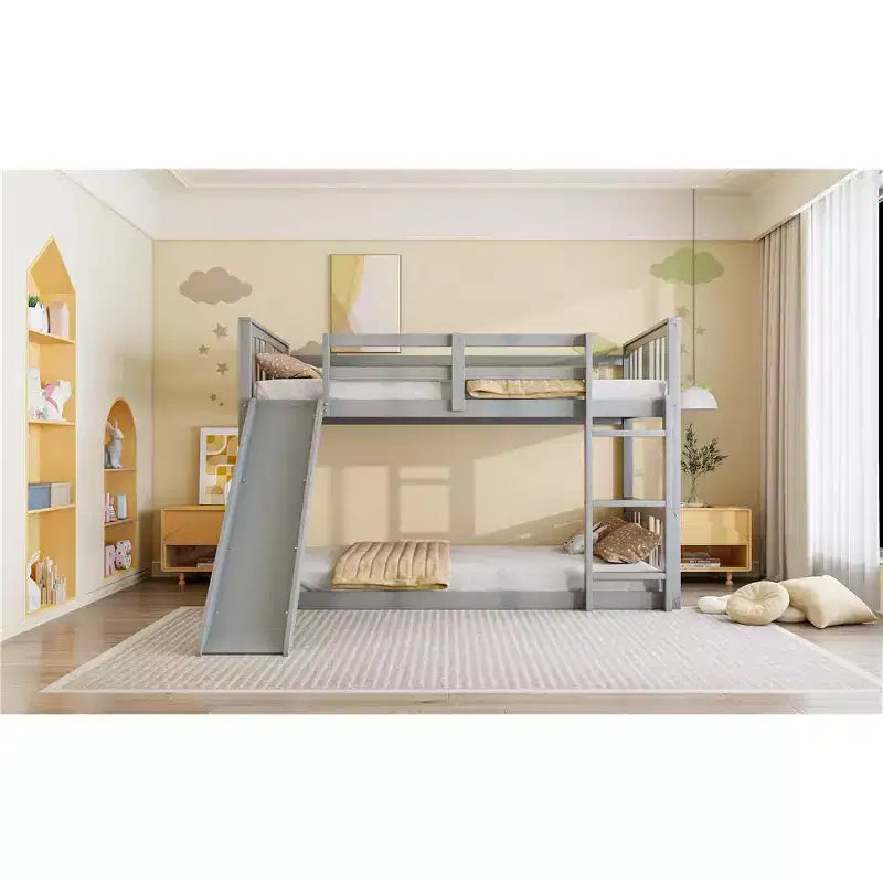 Lit superposé au solLits superposés pour enfants avec garde-corps, tête de lit et pied de lit, lits superposés bas pour enfants, garçons et filles, gris
