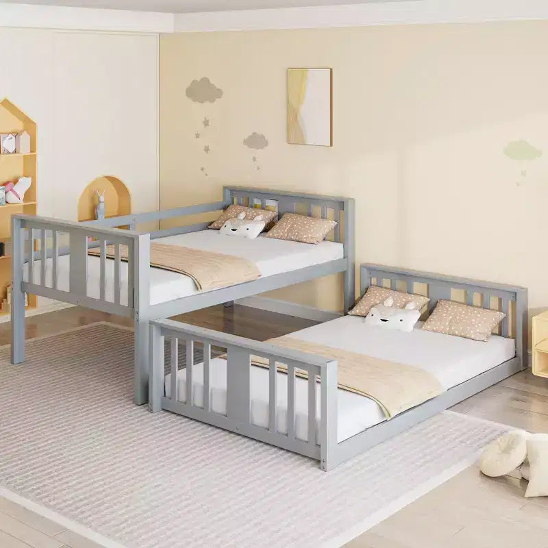 Lit superposé au solLits superposés pour enfants avec garde-corps, tête de lit et pied de lit, lits superposés bas pour enfants, garçons et filles, gris