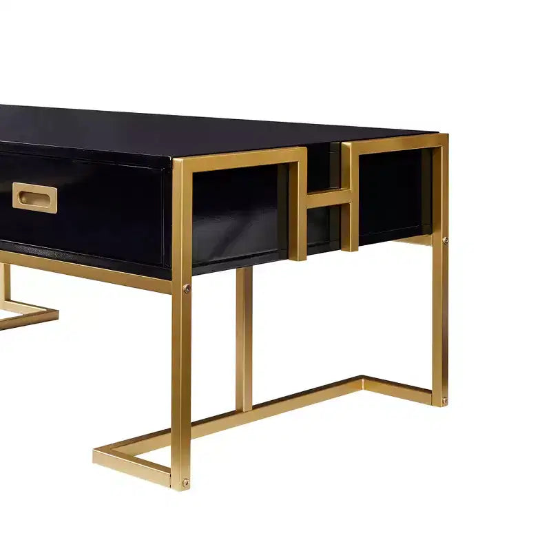 Table Basse Rectangulaire Moderne avec 4 Tiroirs et Base en Métal Doré, Table de Salon Élégante