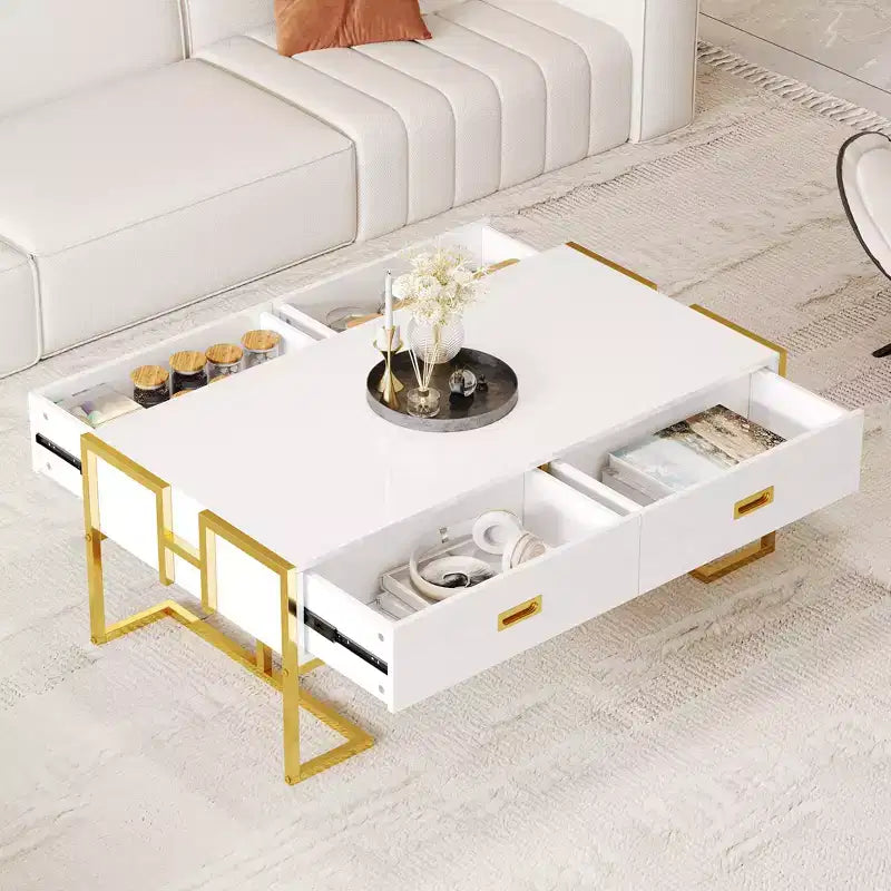 Table Basse Rectangulaire Moderne avec 4 Tiroirs et Base en Métal Doré, Table de Salon Élégante