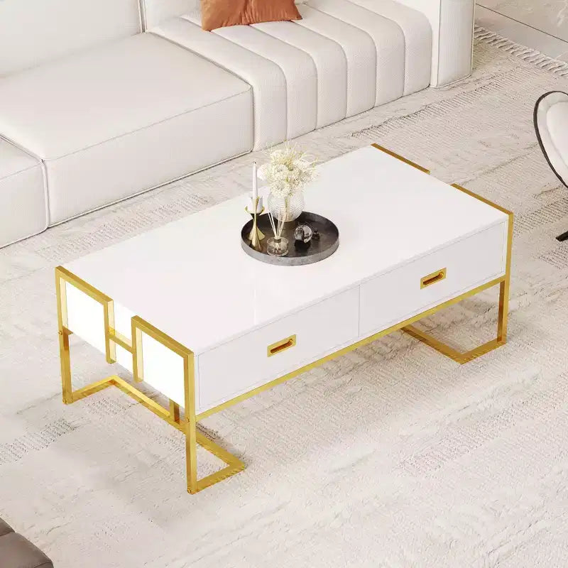Table Basse Rectangulaire Moderne avec 4 Tiroirs et Base en Métal Doré, Table de Salon Élégante