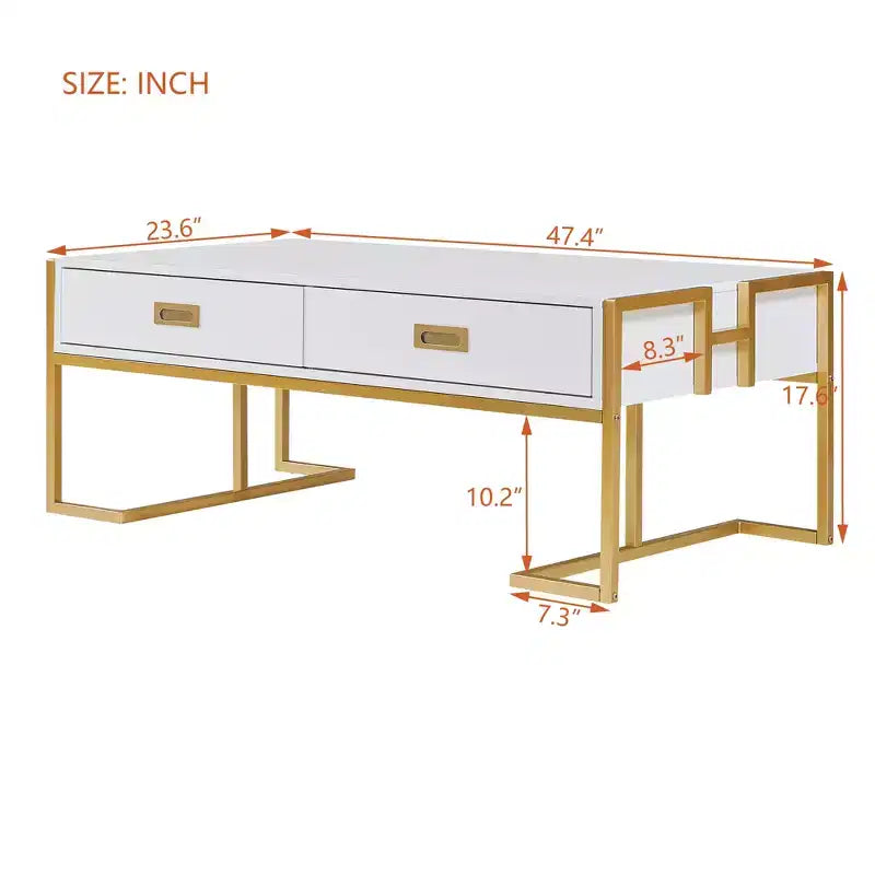 Table Basse Rectangulaire Moderne avec 4 Tiroirs et Base en Métal Doré, Table de Salon Élégante