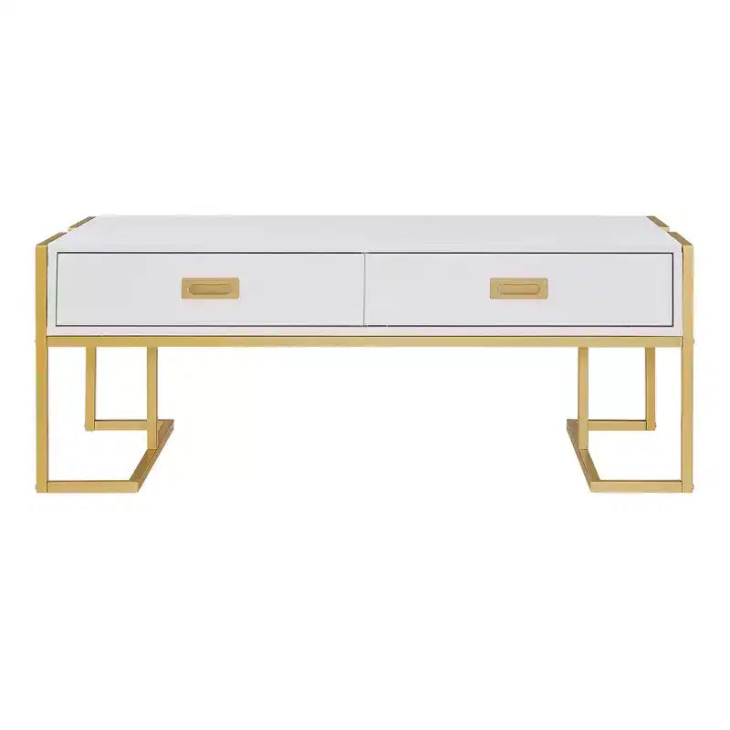 Table Basse Rectangulaire Moderne avec 4 Tiroirs et Base en Métal Doré, Table de Salon Élégante