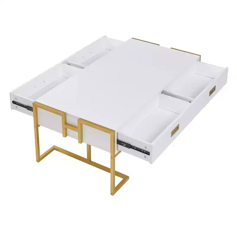 Table Basse Rectangulaire Moderne avec 4 Tiroirs et Base en Métal Doré, Table de Salon Élégante