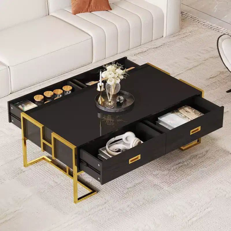 Table Basse Rectangulaire Moderne avec 4 Tiroirs et Base en Métal Doré, Table de Salon Élégante