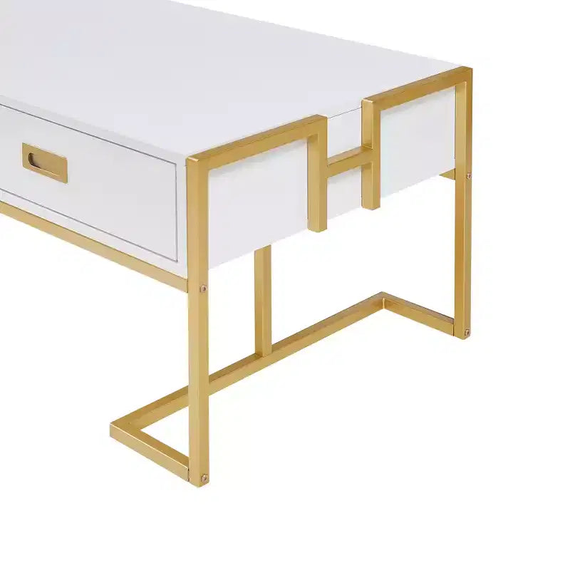 Table Basse Rectangulaire Moderne avec 4 Tiroirs et Base en Métal Doré, Table de Salon Élégante