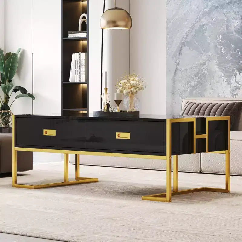 Table Basse Rectangulaire Moderne avec 4 Tiroirs et Base en Métal Doré, Table de Salon Élégante