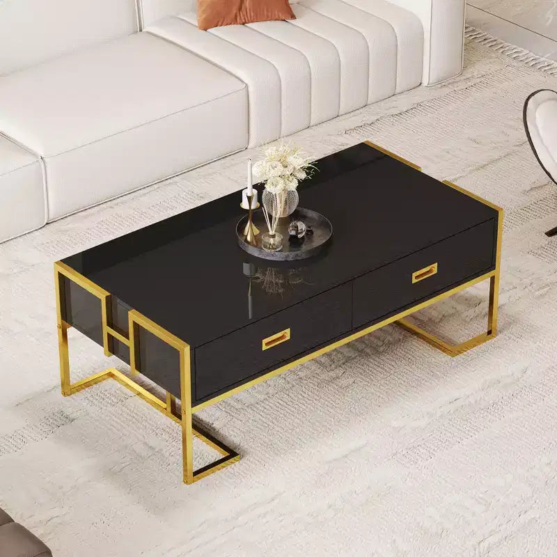 Table Basse Rectangulaire Moderne avec 4 Tiroirs et Base en Métal Doré, Table de Salon Élégante