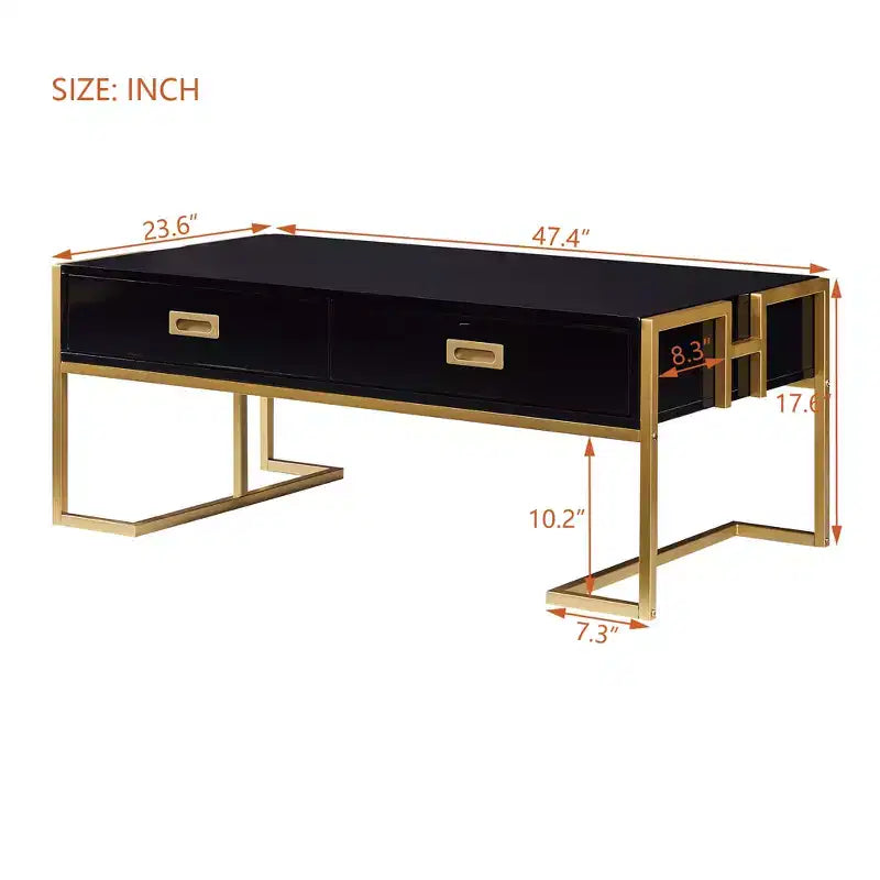 Table Basse Rectangulaire Moderne avec 4 Tiroirs et Base en Métal Doré, Table de Salon Élégante