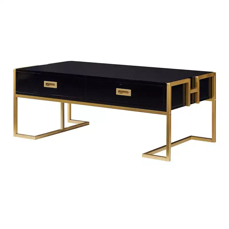 Table Basse Rectangulaire Moderne avec 4 Tiroirs et Base en Métal Doré, Table de Salon Élégante