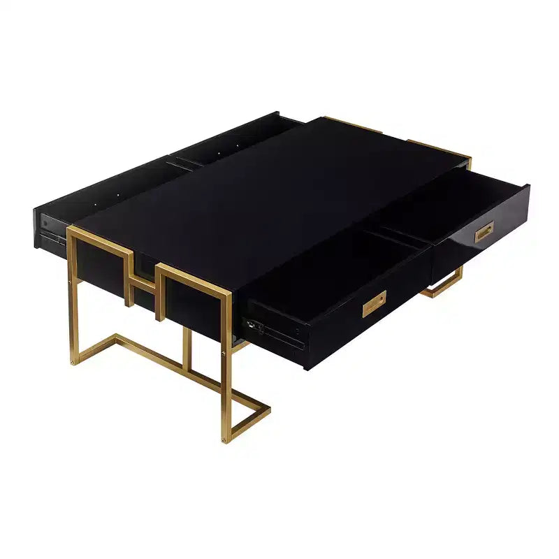 Table Basse Rectangulaire Moderne avec 4 Tiroirs et Base en Métal Doré, Table de Salon Élégante