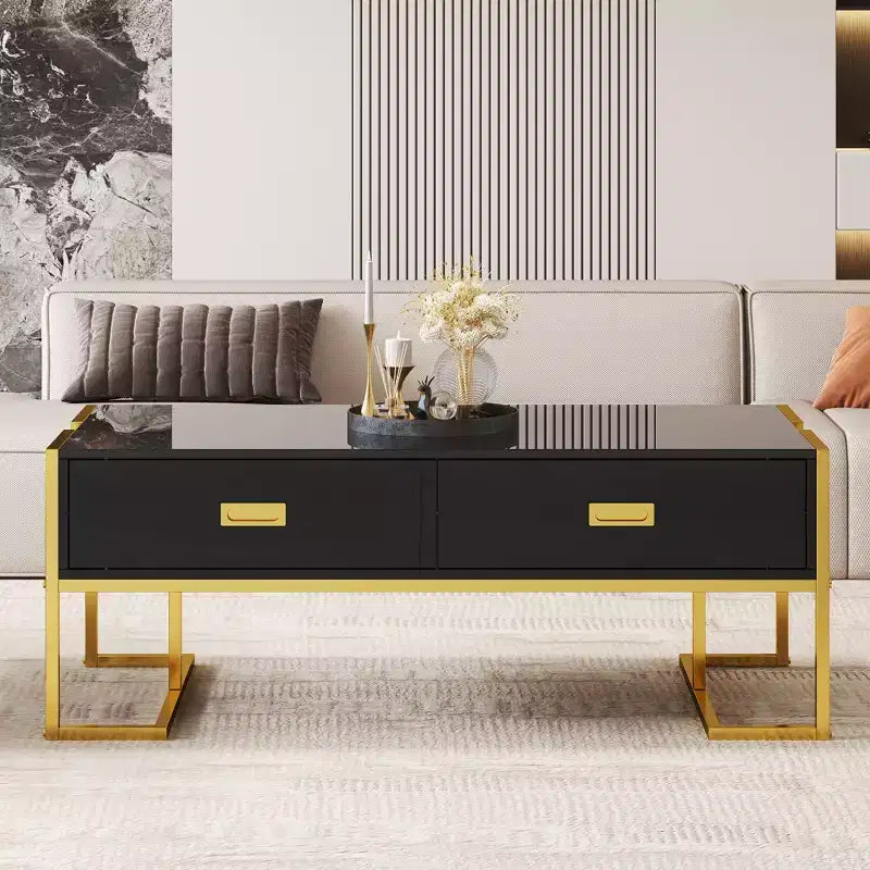 Modern Rectangular Coffee Table with 4 Drawers & Gold Metal Base, Sleek Cocktail Table Center Table - ModernLuxe