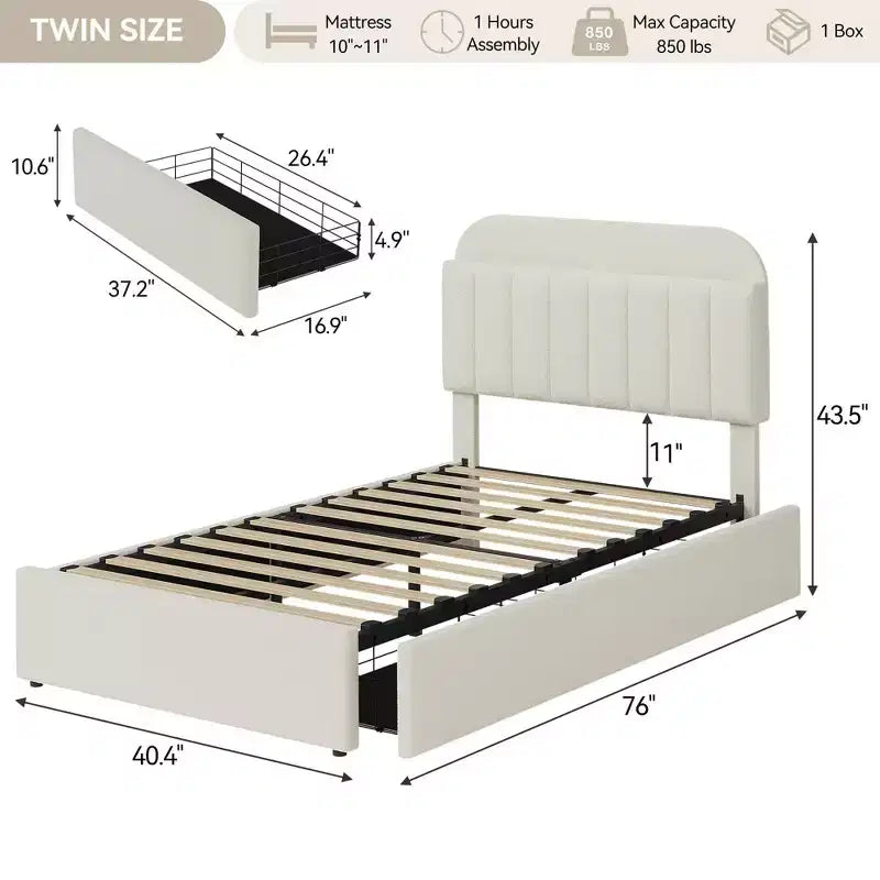 Lit plateforme rembourré avec tête de lit de rangement et tiroirs, lit en velours pour enfants/adolescents, lattes en bois massif, profil bas