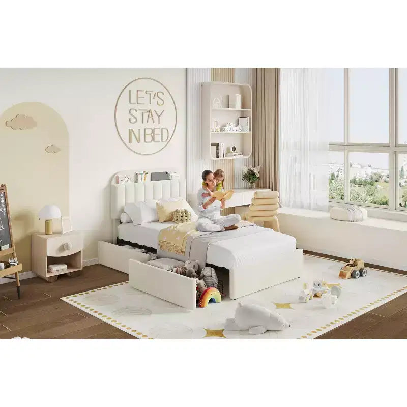 Lit plateforme rembourré avec tête de lit de rangement et tiroirs, lit en velours pour enfants/adolescents, lattes en bois massif, profil bas
