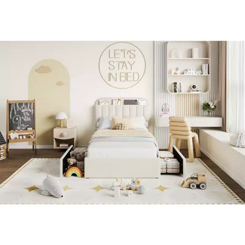 Upholstered Platform Bed Frame with Storage Headboard & Drawers, Velvet Fabric Bed for Kids/Teens, Solid Wood Slats, Low Profile