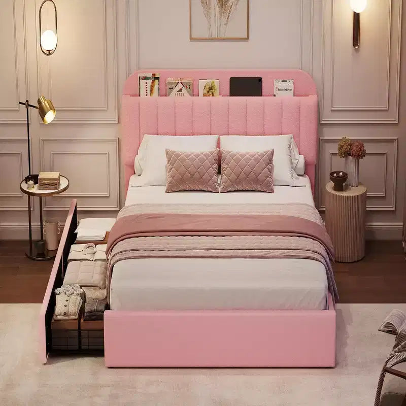Lit plateforme rembourré avec tête de lit de rangement et tiroirs, lit en velours pour enfants/adolescents, lattes en bois massif, profil bas