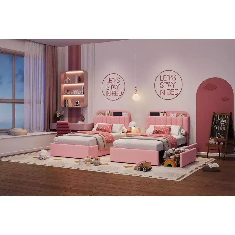 Lit plateforme rembourré avec tête de lit de rangement et tiroirs, lit en velours pour enfants/adolescents, lattes en bois massif, profil bas