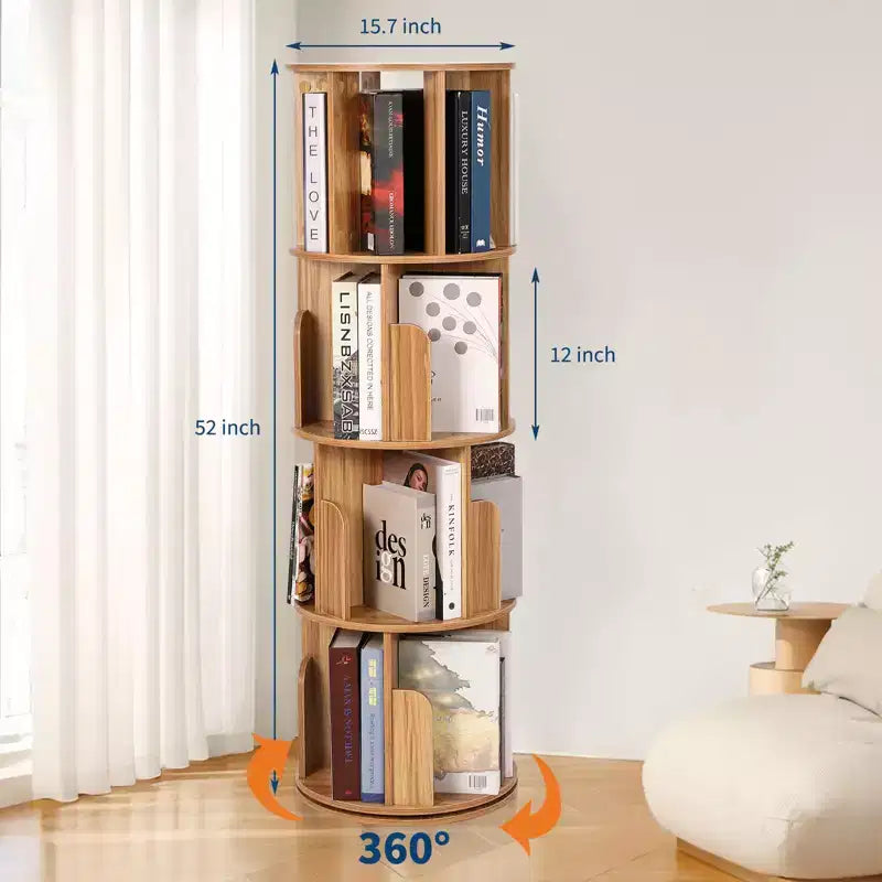 Bibliothèque tournante en bois à 4 niveaux, étagère sur pied à 360° et organiseur de rangement multifonctionnel pour salon, enfants et adultes