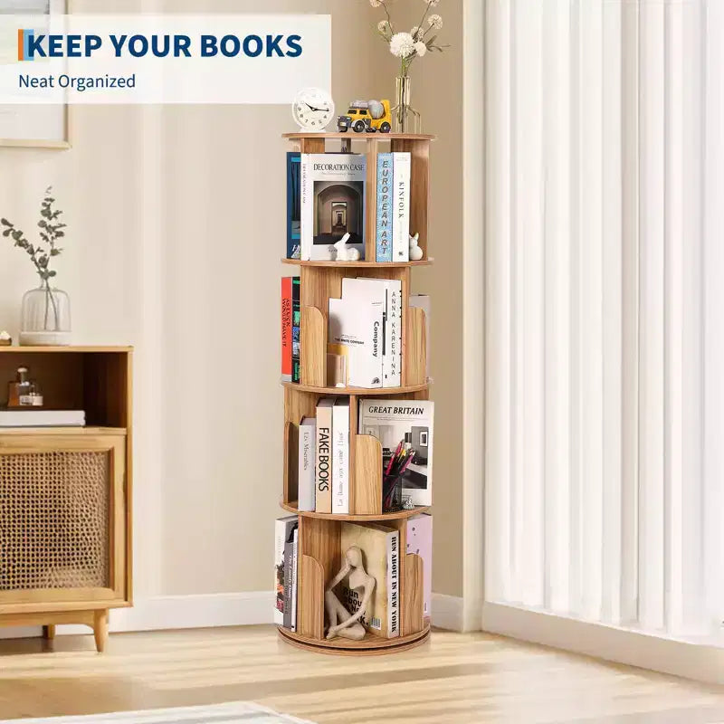 Bibliothèque tournante en bois à 4 niveaux, étagère sur pied à 360° et organiseur de rangement multifonctionnel pour salon, enfants et adultes