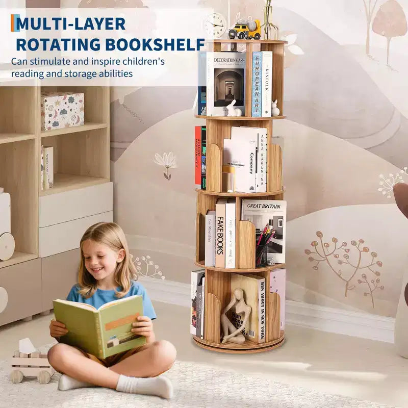 Bibliothèque tournante en bois à 4 niveaux, étagère sur pied à 360° et organiseur de rangement multifonctionnel pour salon, enfants et adultes