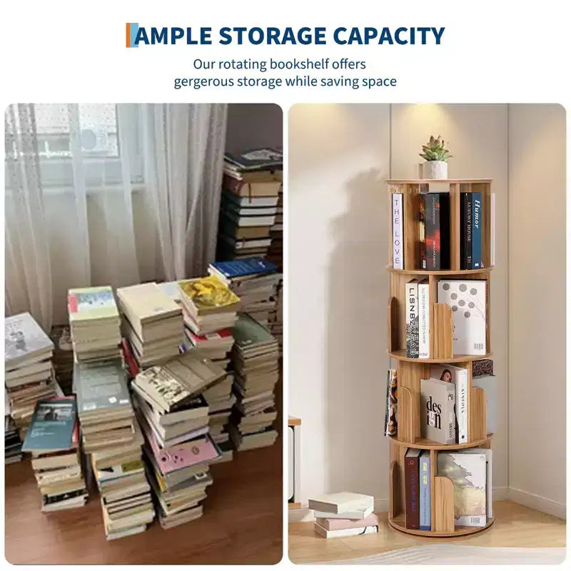 Bibliothèque tournante en bois à 4 niveaux, étagère sur pied à 360° et organiseur de rangement multifonctionnel pour salon, enfants et adultes