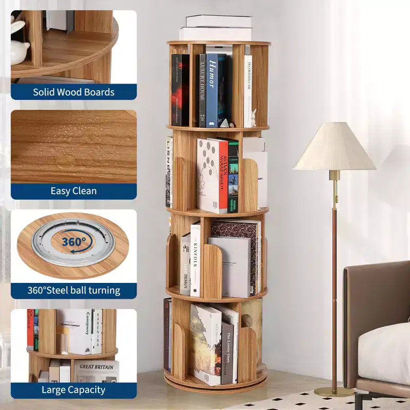 Bibliothèque tournante en bois à 4 niveaux, étagère sur pied à 360° et organiseur de rangement multifonctionnel pour salon, enfants et adultes